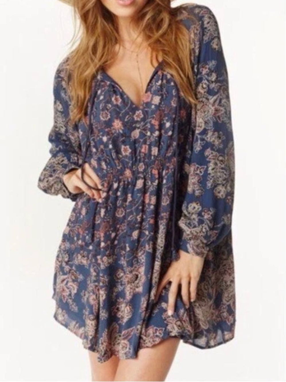 Free People Navy Floral Long-Sleeve Mini Dress